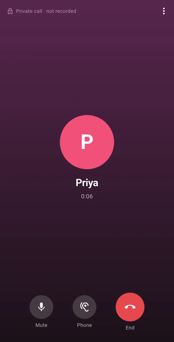 A voice call with a test profile named Priya, showing the call time and Mute, Phone and End buttons, with the words Private call, not recorded