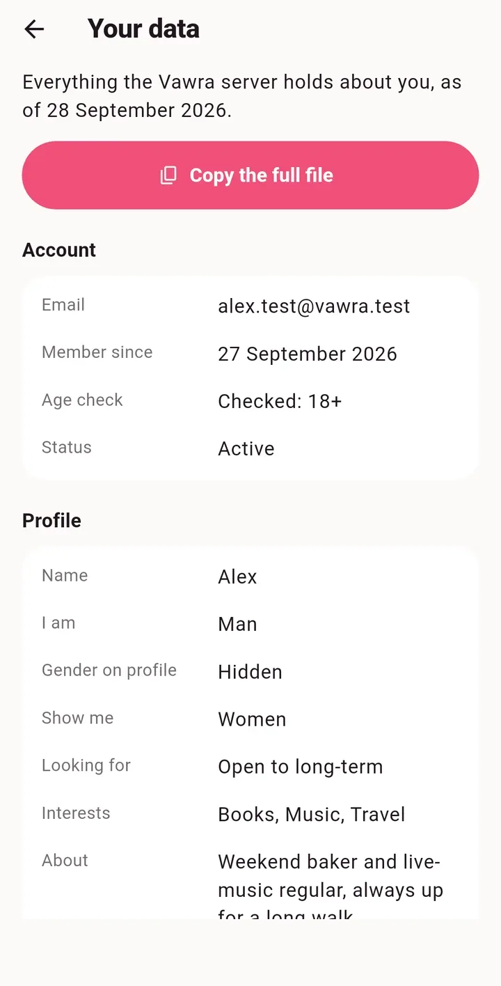 The Your data page listing a test account’s email, age check, profile, gender and show me setting