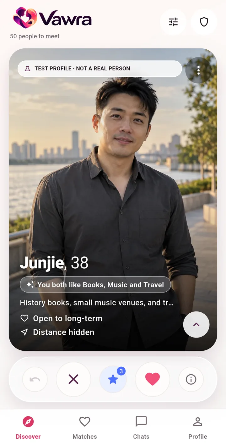 A Discover card for a synthetic test profile, with a line saying you both like Books, Music and Travel