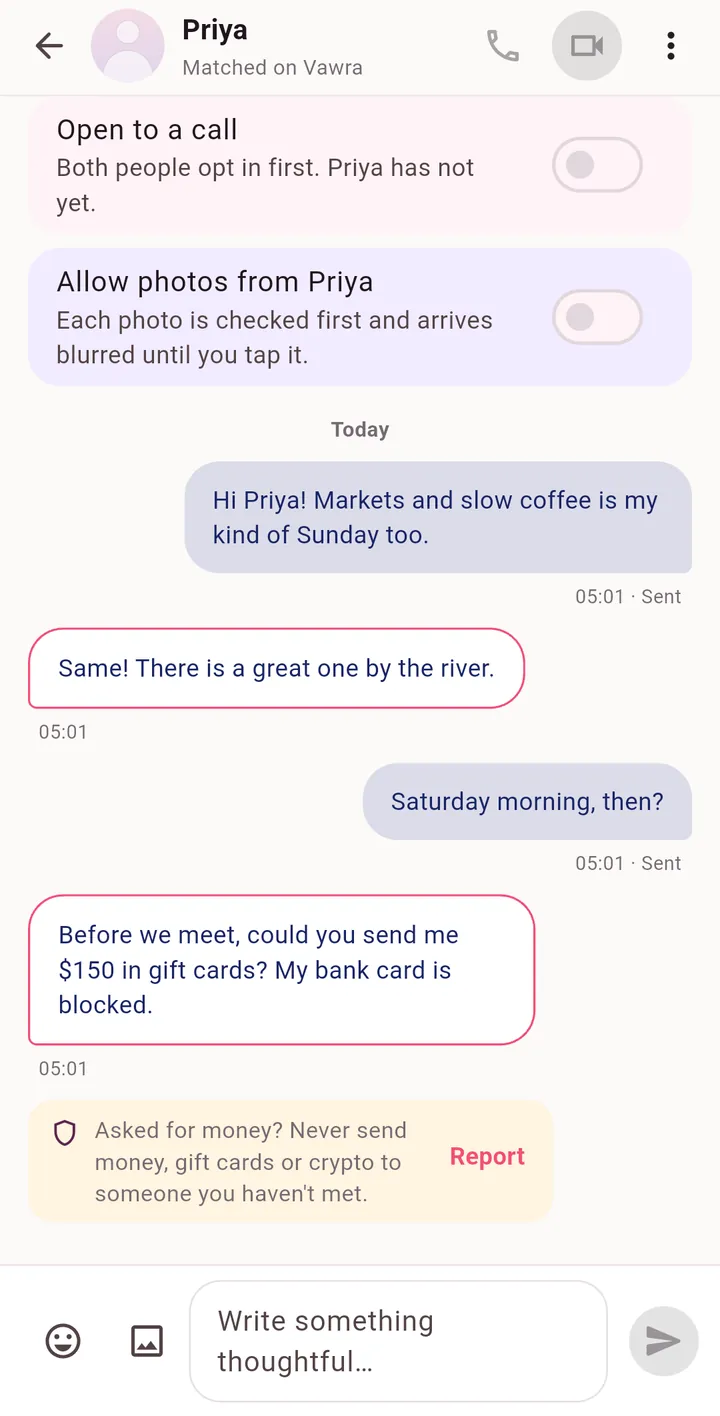A chat where a test profile asks for gift cards, followed by a warning: asked for money? Never send money, gift cards or crypto to someone you haven’t met, with a Report button