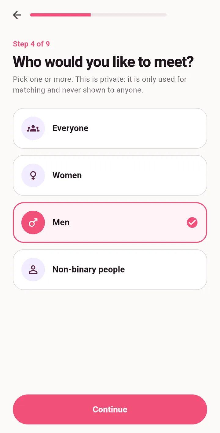 Setup step four of nine: who would you like to meet, with Everyone, Women, Men and Non-binary people